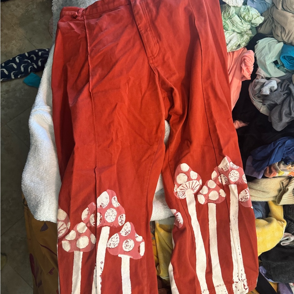 Big Bud Press Rust Red Wide Leg Pants with White Mushroom Print